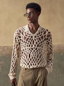 AKNOTIC Business Casual 男士钩针编织花卉图案休闲宽松长袖针织上衣，适合夏季、秋季、度假、日常穿着、派对、情侣装，男士礼物 - 彩色 - 查看 4