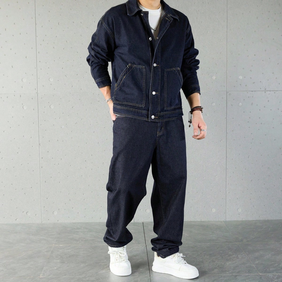 Conjunto de pantalón y camisa de manga larga de unicolor casual para hombre, conjunto de mezclilla azul marino de 2 piezas, ropa de otoño