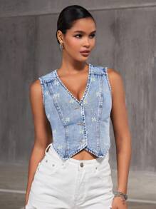 SHEIN BAE 女式简约刺绣无袖牛仔背心 - 淺色水洗藍 - 查看 6