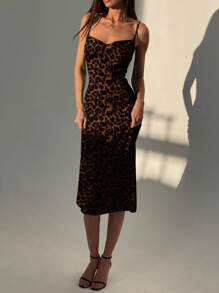 Aloruh 优雅豹纹无袖垂坠领修身连衣裙，适合派对、聚会、度假、秋季长裙、日常穿着 - 彩色 - 查看 5