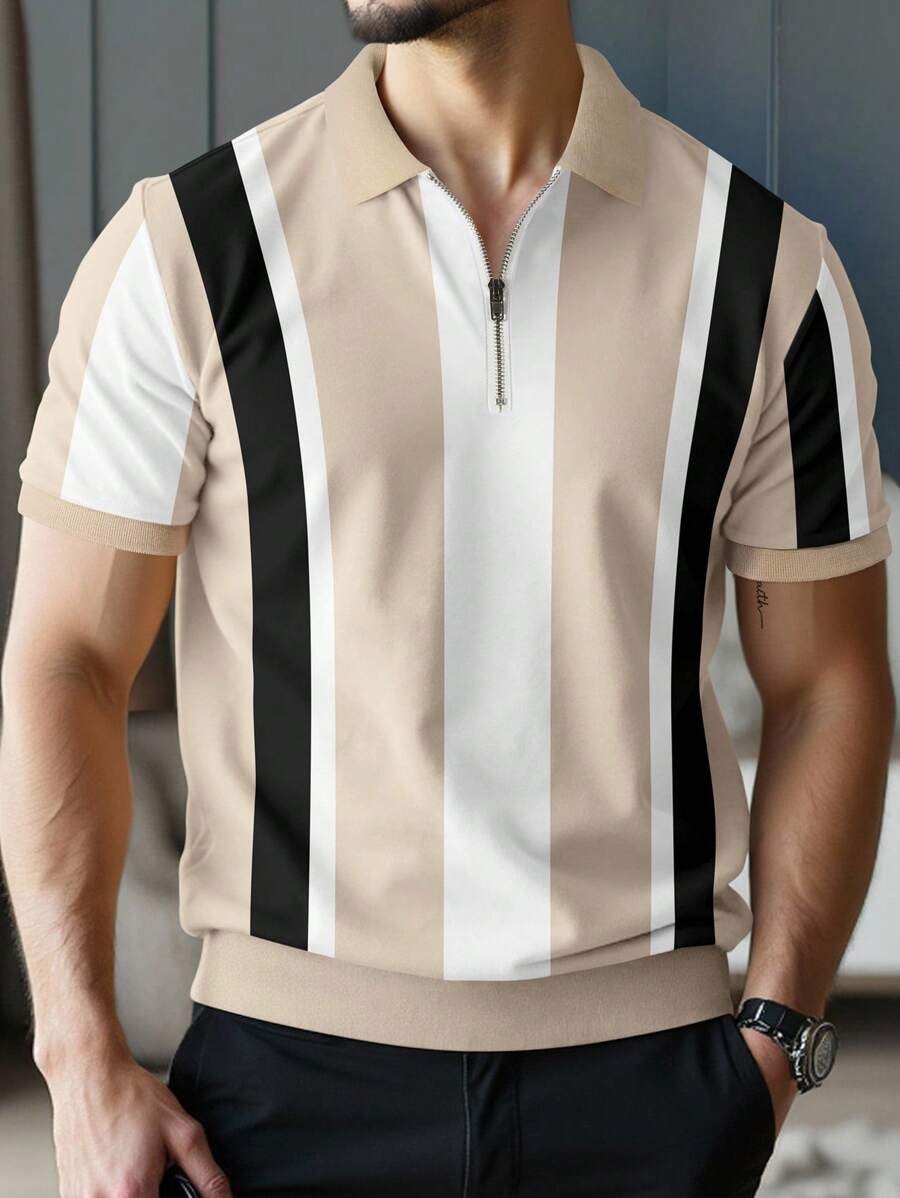 Manfinity Homme Men's Striped Short Sleeve Casual Polo Shirt For Commuting Men Zipper Polo Shirt - Multicolor - View 1