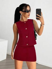 SHEIN EZwear 女士勃艮第色单排扣背心和裙子休闲两件套 - 酒紅色 - 查看 5