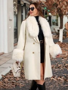 Reflora White Elegant Semi Formal Curvy Plus Size Women's Furry Collar Double-Breasted Overcoat,Warm Soft Long-Sleeved Overcoat With Inner Pockets,Autumn 2025 - Apricot - View 5