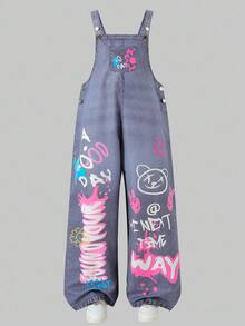 Sparklyn 复古美式拼布印花休闲运动街头涂鸦印花牛仔宽松直筒宽松背带裤