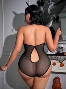 Fantasy Costume 3 件套加大码性感网眼内衣套装，无钢圈，万圣节适用