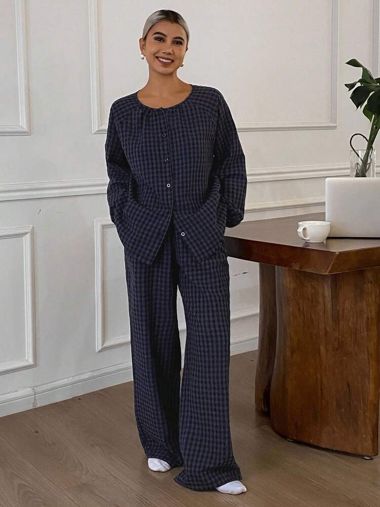 DAZY 格子灯笼袖上衣和裤子宽松女士家居服套装，秋冬服装，舒适套装 - 藏蓝色 - 查看 5