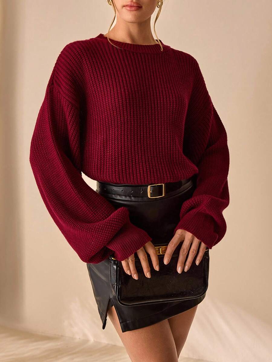 CLARA VERO 高个子女士纯色针织圆领长袖百搭毛衣，秋冬季百搭休闲套头衫，勃艮第酒红色，冬季 - 酒紅色 - 查看 1