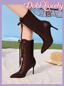 Dola Lovely 可爱性感洛丽塔风格女式缎面系带及膝靴，拉链尖头高跟保暖靴，时尚 - 棕色 - 查看 3