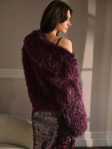 MOTF PREMIUM WATERFALL LONG SLEEVE FAUX FUR COAT FOR AUTUMN & WINTER - Burgundy - View 4