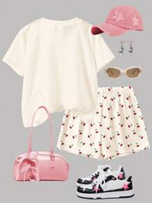 SHEIN 2 件套奶油白色复古迷你樱桃图案少女休闲简约短袖圆领 T 恤和短裤套装，夏季服装，轻松舒适，时尚儿童，休闲装，儿童图案服装，返校，秋季服装 - 彩色 - 查看 2