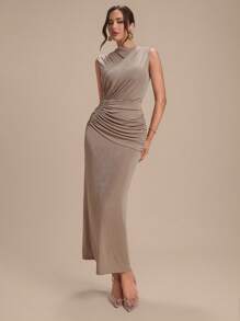 Modelyn Sleeveless High Neck Pleated Versatile Elegant Cocktail Party Dress - Khaki - View 3