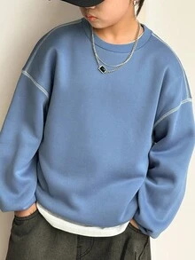 SHEIN 青少年男孩休闲韩版宽松撞色圆领卫衣，适合通勤、上学、日常休闲装、运动、秋冬