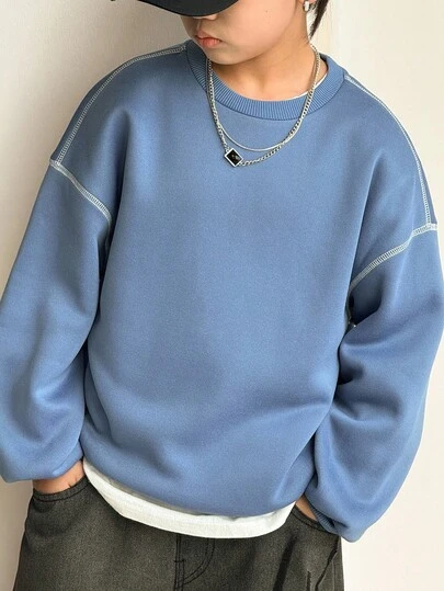 SHEIN 青少年男孩休闲韩版宽松撞色圆领卫衣，适合通勤、上学、日常休闲装、运动、秋冬
