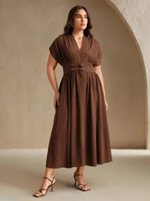 Anewsta Summer Fashion V-Neck Tie Waist Fitted A-Line Peplum Midi Dress - Coffee Brown - View 6