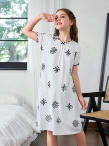 Tween Girls Short Sleeve Dress "Snow Flower Shadow" Princess Sleeve Embroidered Dress Girls Nightgown - Black and White - View 3
