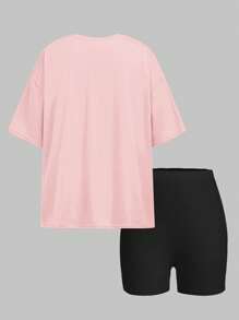 SHEIN 2 件套青少年女孩休闲简约短袖 T 恤和短裤套装，夏季 - 彩色 - 查看 3