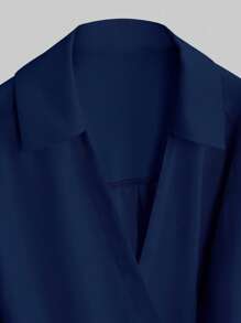 SHEIN LUNE CURVE Plus Size Women Holiday Loose Solid Color Tie Wrap Shirt And Pants 2 Pieces Set - Blue - View 8