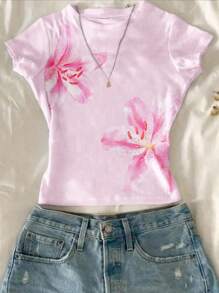 Attitoon 女士花卉印花圆领短袖修身T恤，适合夏季