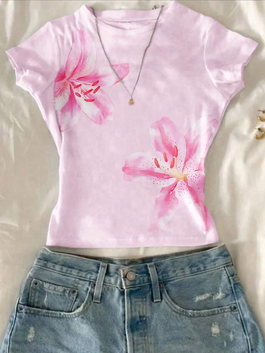 Attitoon 女士花卉印花圆领短袖修身T恤，适合夏季