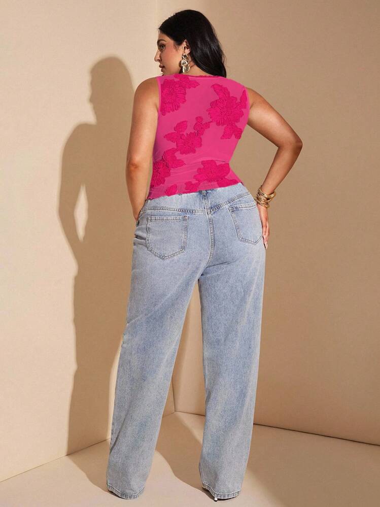 SHEIN BAE 大码女式优雅性感蕾丝花边 V 领无袖吊带背心，适合度假、日常约会、夜间外出、夜总会、派对、泳池派对、休闲度假、沙滩装 - 玫紅色 - 查看 5