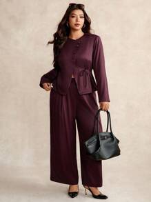 Elaquor Plus Size Women's Solid Color Long Sleeve Suit Set In Fall/Winter - Burgundy - View 1