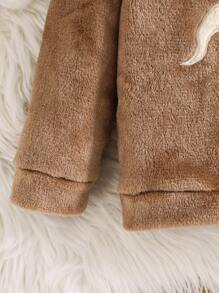 SHEIN 2 件套小男孩卡通刺绣恐龙图案圆领长袖上衣和长裤，柔软舒适双面法兰绒睡衣套装，冬季 - 卡其色 - 查看 4