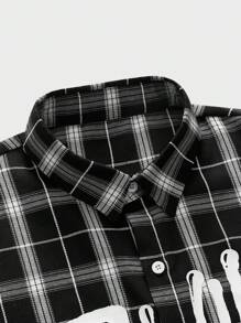 ROMWE MEN Paul Frank X ROMWE Áo sơ mi nam tay ngắn họa tiết kẻ caro và chữ cài nút phía trước mùa hè - Nhiều màu - Xem 4