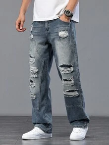 Manfinity Homme Jeans casuales de mezclilla rasgados de talla grande para hombres, jeans holgados rasgados, jeans desgastados, estilo emo - Azul - Ver 4