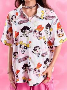 THE POWERPUFF GIRLS X SHEIN 女款白色卡通可爱宽松衬衫，花朵、泡泡、毛茛图案，基本款休闲时尚，开学季女士，开学季，学校上衣，基本款上衣，秋冬 - 彩色 - 查看 3