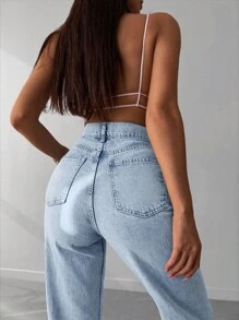 ZIRRA 女式休闲水洗高腰直筒牛仔裤 - 淺色水洗藍 - 查看 3