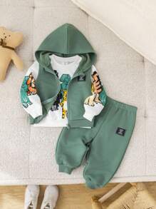 1. 男婴羊毛运动服，3 件套：连帽背心、长袖运动衫和带有可爱动物图案的慢跑裤，舒适百搭，适合室内/室外、日常穿着、运动、玩耍、派对、拍照、度假、返校、街头服饰，适合春季、夏季、秋季、冬季。 - 綠色 - 查看 4