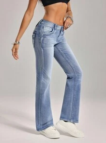 SHEIN Tall 女式刺绣撞色喇叭裤口袋休闲牛仔裤 - 藍色 - 查看 6