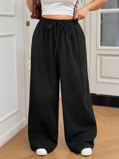 SHEIN EZwear 大码女式纯色抽绳腰部口袋宽松休闲裤