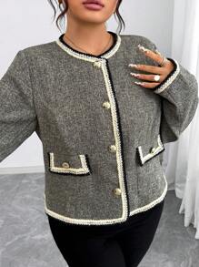 SHEIN Elenzya 大码女式黑白花卉拼布圆领仿口袋长袖常规夹克 - 彩色 - 查看 5