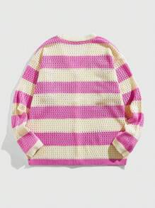 ROMWE MEN Prep Cárdigan holgado para hombre con rayas de contraste y bordado