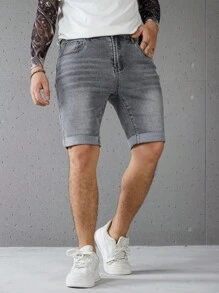 Manfinity Homme Men's Casual Grey Denim Shorts With Versatile Athleisure Design Men Grey Denim Shorts Stretch Washed Slim-Fit Denim Shorts - Grey - View 6