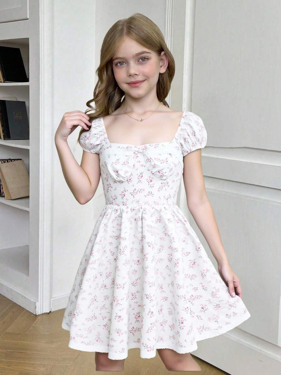 SHEIN Tween Girls Stylish Dress, Elegant Princess Design Suitable For Party, Ceremony And All Occasions, Back To School Season - Multicolor - View 1