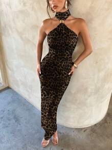 Aloruh 女士优雅性感棕色豹纹渐变金属扣装饰镂空紧身弹力连衣裙，优雅约会，渐变色连衣裙，适合秋冬、派对 - 白色 - 查看 8