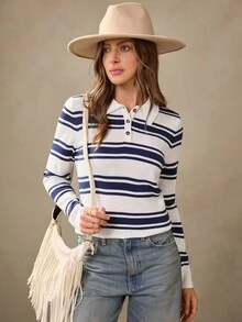 SHEIN Wildara 美式乡村休闲 Polo 领蓝色条纹长袖女式毛衣 T 恤，海军风航海风女式条纹 Polo 衫，女式长袖 Polo 衫，条纹 Polo 上衣，女式条纹上衣，航海风上衣，女式长袖 Polo 衫，乡村音乐会西部风格女装，乡村教师复古风格女装，秋冬季外出穿着 - 藍色 - 查看 3