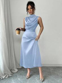 Elenzga 女式春夏优雅绿色立领百褶腰喇叭无袖连衣裙 - 藍色 - 查看 4