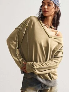 Bohemela Boho Autumn/Winter Vintage Casual Women's Casual Solid Color V-Neck Long Sleeve Loose Knit Oliver Green Sweatshirt Earthy , Western Country Style Concert Vacation, Suitable For Vacation & Daily Wear & Back To School & Going Out, Halloween