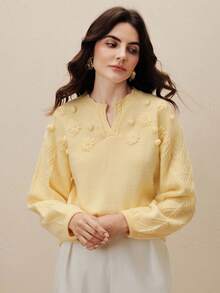 Anewsta Women's Autumn Embroidered Floral Yellow Sweater, Scissor Collar Design, Fashionable Loose Knit Pullover Sweater , Suitable For Winter