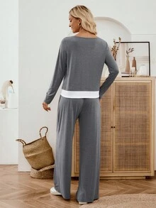 EMERY ROSE 2 件套女士休闲宽松长袖上衣和裤子套装两件套家居套装女士两件套女士舒适家居服女士秋季服装 2 件套女士套装配套套装 2 件套女士秋季女装两件套服装女士 - 灰色 - 查看 2