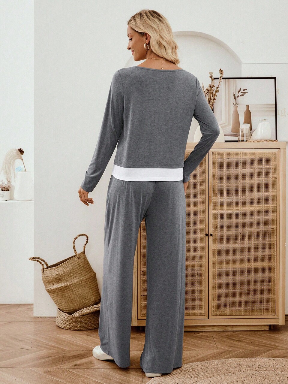 2pcs Women Grey Casual Loose Long Sleeve Top And Pants Set,Autumn Everyday Lounge Wear,Two Pieces Comfy Matching Outfit For Ladies Fall Clothes
