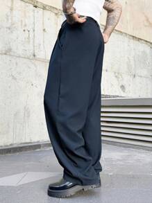 Manfinity Homme Men's Suit Pants, High-End New Design, Draping Suit Pants, Designer Fashion Casual Black Minimalist Business Trousers - Navy Blue - View 2