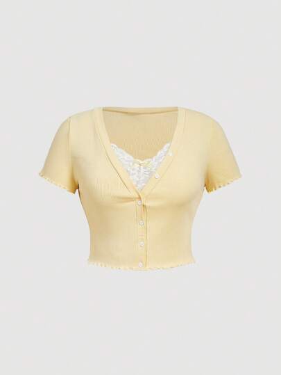 SHEIN MOD 大码优雅撞色蕾丝拼布短款 T 恤，夏季