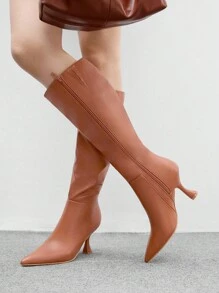 CUCCOO BIZCHIC Bottes mi-mollet à talon fin et bout pointu, de couleur unie et style minimaliste pour femmes - Tabac - Voir 4