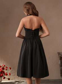 Savoree Ladies' Spring/Summer New Style European And American Hanging Neck Bow Deep V Backless Music Festival Bubble Sleeveless Black Dress - Black - View 3