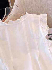 Franclia 女式纯色盖袖圆领荷叶边下摆纽扣衬衫 - 白色 - 查看 3