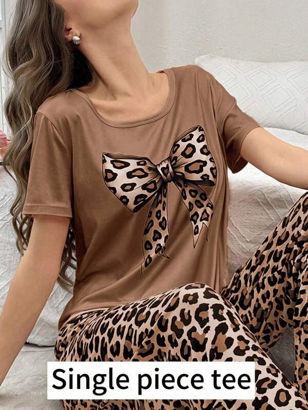 1 pieza Blusa de pijama con decoración de lazo con estampado de leopardo